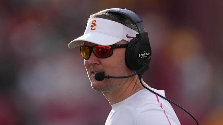 Nov 30, 2024; Los Angeles, California, USA; Southern California Trojans head coach Lincoln Riley reacts against the Notre Dame Fighting Irish in the second half at United Airlines Field at Los Angeles Memorial Coliseum. Mandatory Credit: Kirby Lee-Imagn Images