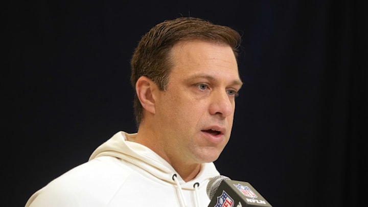 Feb 25, 2025; Indianapolis, IN, USA; Kansas City Chiefs general manager Brett Veach speaks during the NFL Scouting Combine at the Indiana Convention Center. Mandatory Credit: Kirby Lee-Imagn Images Feb 25, 2025; Indianapolis, IN, USA; Kansas City Chiefs general manager Brett Veach speaks during the NFL Scouting Combine at the Indiana Convention Center. Mandatory Credit: Kirby Lee-Imagn Images