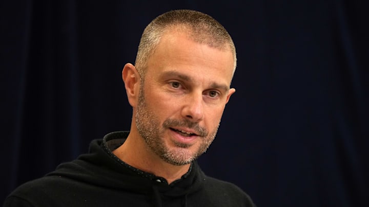 Feb 25, 2025; Indianapolis, IN, USA; Las Vegas Raiders general manager John Spytek speaks during the NFL Scouting Combine at the Indiana Convention Center. Mandatory Credit: Kirby Lee-Imagn Images