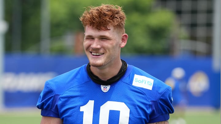 Jun 3, 2025; Woodland Hills, CA, USA; Los Angeles Rams tight end Terrance Ferguson (18) during organized team activities at Rams Practice Facility. Mandatory Credit: Kirby Lee-Imagn Images