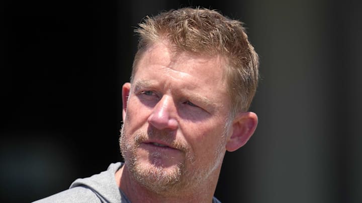 May 23, 2022; Thousand Oaks, CA, USA; Los Angeles Rams general manager Les Snead during organized team activities at California Lutheran University. Mandatory Credit: Kirby Lee-Imagn Images