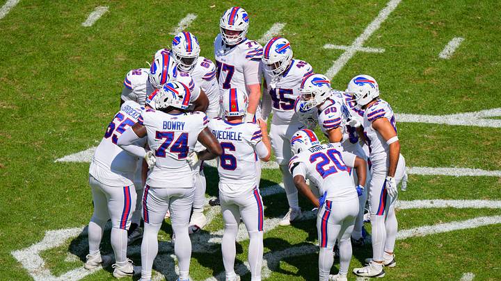 Buffalo Bills quarterback Shane Buechele calls the play in the huddle during the second half against the Carolina Panthers. Buffalo Bills quarterback Shane Buechele calls the play in the huddle during the second half against the Carolina Panthers.