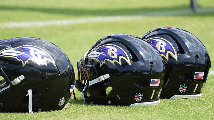 Jul 23, 2025; Owings Mills, MD, USA; Baltimore Ravens helmets await use during training camp at the Under Armour Performance Center. Mandatory Credit: Mitch Stringer-Imagn Images Jul 23, 2025; Owings Mills, MD, USA; Baltimore Ravens helmets await use during training camp at the Under Armour Performance Center. Mandatory Credit: Mitch Stringer-Imagn Images