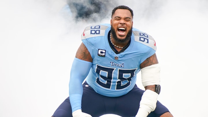 Tennessee Titans defensive tackle Jeffery Simmons takes the field against the Jacksonville Jaguars at Nissan Stadium.