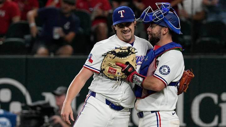 Texas Rangers pitcher Cal Quantrill (44) and catcher Austin Wynns (38). Credit: Raymond Carlin III-Imagn Images Texas Rangers pitcher Cal Quantrill (44) and catcher Austin Wynns (38). Credit: Raymond Carlin III-Imagn Images