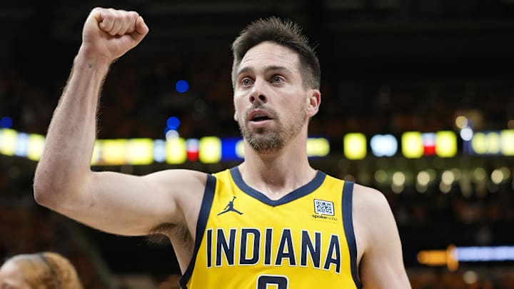 Jun 19, 2025; Indianapolis, Indiana, USA; Indiana Pacers guard T.J. McConnell (9) reacts at the end of the third quarter against the Oklahoma City Thunder during the second half of game six of the 2025 NBA Finals between the Oklahoma City Thunder and the Indiana Pacers at Gainbridge Fieldhouse. Mandatory Credit: Kyle Terada-Imagn Images