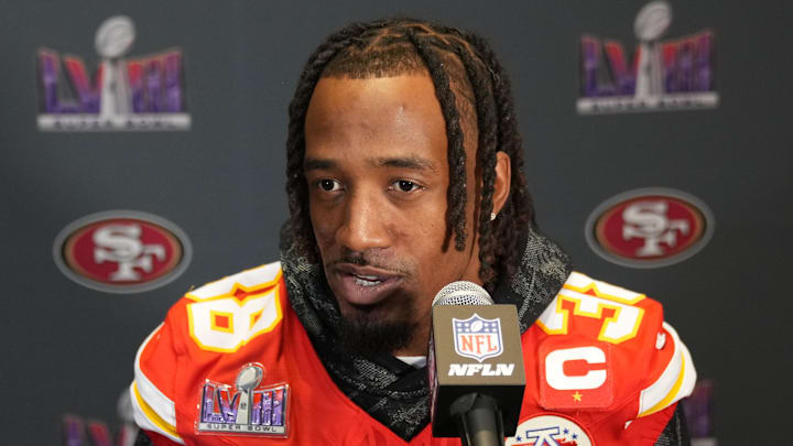 Feb 8, 2024; Las Vegas, NV, USA;  Kansas City Chiefs cornerback L'Jarius Sneed (38) during a press conference before Super Bowl LVIII at Westin Lake Las Vegas Resort and Spa. Mandatory Credit: Kyle Terada-Imagn Images