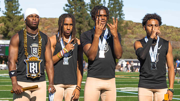 Servite’s historic 4x100 relay squad — Benjamin Harris, Jace Wells, Kamil Pelovello and Jorden Wells — celebrates after running 39.82 to become the first team in California history to break 40 seconds.