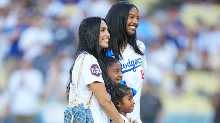 Vanessa Bryant, Bianka Bryant, Capri Bryant and Natalia Bryant pose for a photo before the game between Los Angeles Dodgers and Toronto Blue Jays at Dodger Stadium.