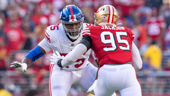 September 21, 2023; Santa Clara, California, USA; New York Giants guard Joshua Ezeudu (75) blocks San Francisco 49ers defensive end Drake Jackson (95) during the first quarter at Levi's Stadium. Mandatory Credit: Kyle Terada-USA TODAY Sports