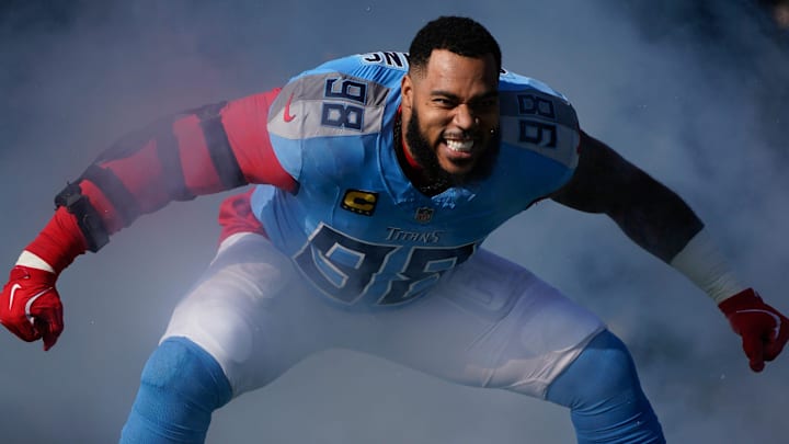 Tennessee Titans defensive tackle Jeffery Simmons (98) heads out to the field before the game against the Kansas City Chiefs at Nissan Stadium in Nashville, Tenn., Sunday, Dec. 21, 2025.