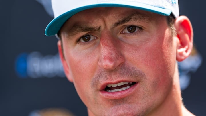 Jacksonville Jaguars offensive coordinator Grant Udinski answers questions during a press conference after the Jacksonville Jaguars’ mandatory minicamp Tuesday June 10, 2025 at the Miller Electric Center in Jacksonville, Fla.