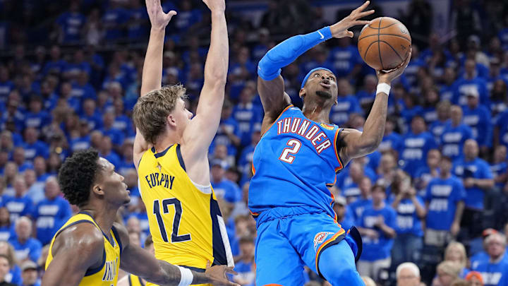 Jun 8, 2025; Oklahoma City, Oklahoma, USA; Oklahoma City Thunder guard Shai Gilgeous-Alexander (2) shoots the ball against Indiana Pacers forward Johnny Furphy (12) during the second half during game two of the 2025 NBA Finals at Paycom Center. Mandatory Credit: Kyle Terada-Imagn Images Jun 8, 2025; Oklahoma City, Oklahoma, USA; Oklahoma City Thunder guard Shai Gilgeous-Alexander (2) shoots the ball against Indiana Pacers forward Johnny Furphy (12) during the second half during game two of the 2025 NBA Finals at Paycom Center. Mandatory Credit: Kyle Terada-Imagn Images