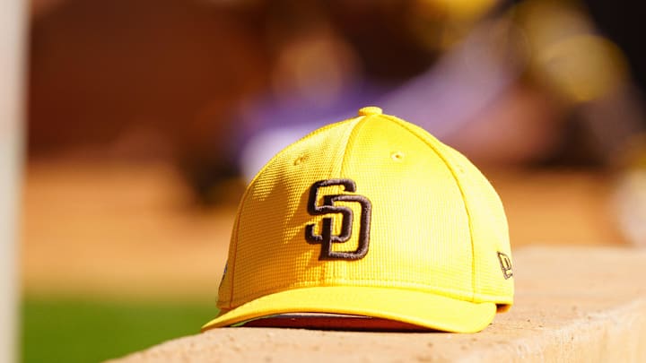 Feb 12, 2024; Peoria, AZ, USA; A general view of a hat belonging to a member of the San Diego Padres during a workout day at Peoria Sports Complex. Mandatory Credit: Allan Henry-Imagn Images

