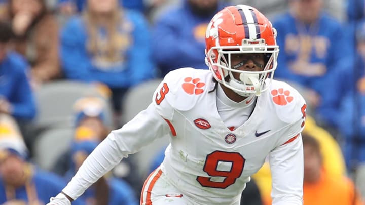 Nov 16, 2024; Pittsburgh, Pennsylvania, USA; Clemson Tigers safety R.J. Mickens (9) pass rushes against the Pittsburgh Panthers during the second quarter at Acrisure Stadium. Mandatory Credit: Charles LeClaire-Imagn Images
