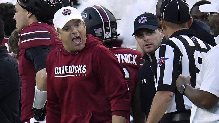 South Carolina Gamecocks head coach Shane Beamer has words with an official after he drew a penalty during late second quarter action. The University of Notre Dame Fighting Irish took on the University of South Carolina Gamecocks in the TaxSlayer Gator Bowl game in Jacksonville, Florida's TIAA Bank Field Friday, December 30, 2022. The first half ended with South Carolina holding a 24 to 17 lead. [Bob Self/Florida Times-Union]

Jki 123022 Bs Gatorbowl 34