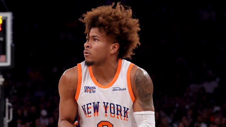 Feb 1, 2025; New York, New York, USA; New York Knicks guard Miles McBride (2) looks to shoot the ball against the Los Angeles Lakers during the second quarter at Madison Square Garden. Mandatory Credit: Brad Penner-Imagn Images