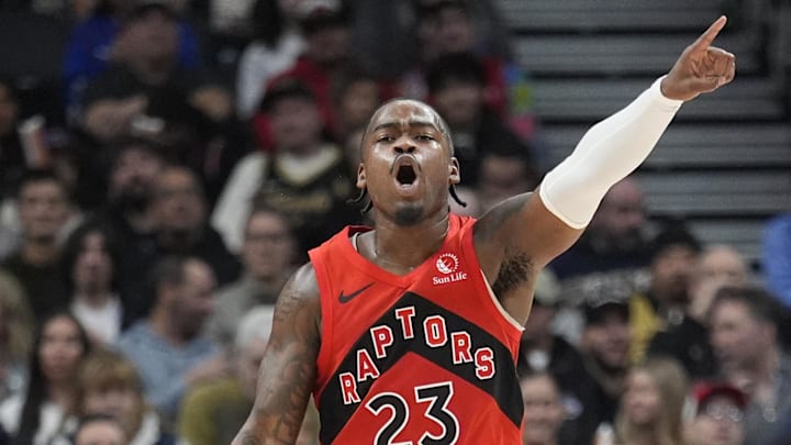 Mar 15, 2026; Toronto, Ontario, CAN; Toronto Raptors guard Jamal Shead (23) directs us teammates against the Detroit Pistons during the second half at Scotiabank Arena. Mandatory Credit: John E. Sokolowski-Imagn Images Mar 15, 2026; Toronto, Ontario, CAN; Toronto Raptors guard Jamal Shead (23) directs us teammates against the Detroit Pistons during the second half at Scotiabank Arena. Mandatory Credit: John E. Sokolowski-Imagn Images