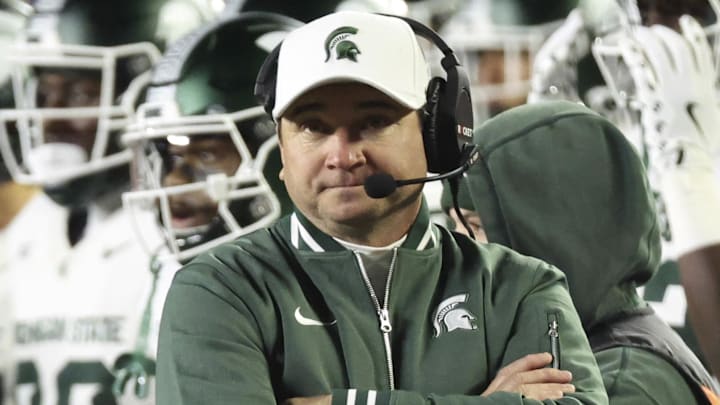 Oct 26, 2024; Ann Arbor, Michigan, USA;  Michigan State Spartans head coach Jonathan Smith on the sideline in the second half against the Michigan Wolverines at Michigan Stadium. Mandatory Credit: Rick Osentoski-Imagn Images