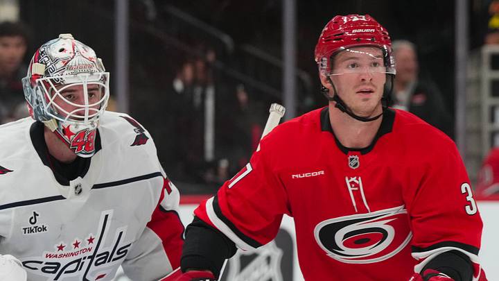 Oct 2, 2026; Raleigh, North Carolina, USA; Carolina Hurricanes right wing Andrei Svechnikov (37) watches the play against the Washington Capitals during the third period at Lenovo Center.  Mandatory Credit: James Guillory-Imagn Images