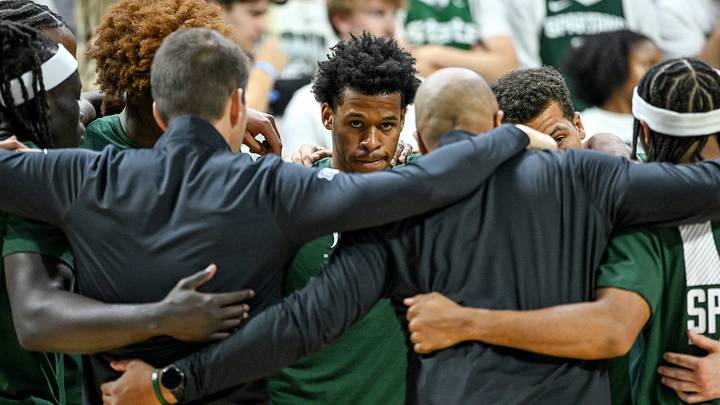 Michigan State’s Jasiah Jervis, center, and the Spartans huddle up before the game against UConn on Tuesday, Oct. 20, 2026, at the Breslin Center in East Lansing. Michigan State’s Jasiah Jervis, center, and the Spartans huddle up before the game against UConn on Tuesday, Oct. 20, 2026, at the Breslin Center in East Lansing.
