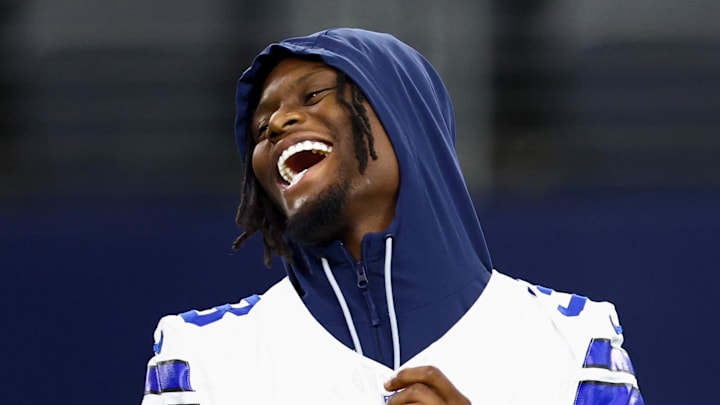 Dallas Cowboys wide receiver George Pickens laughs before the game against the Atlanta Falcons at AT&T Stadium Dallas Cowboys wide receiver George Pickens laughs before the game against the Atlanta Falcons at AT&T Stadium