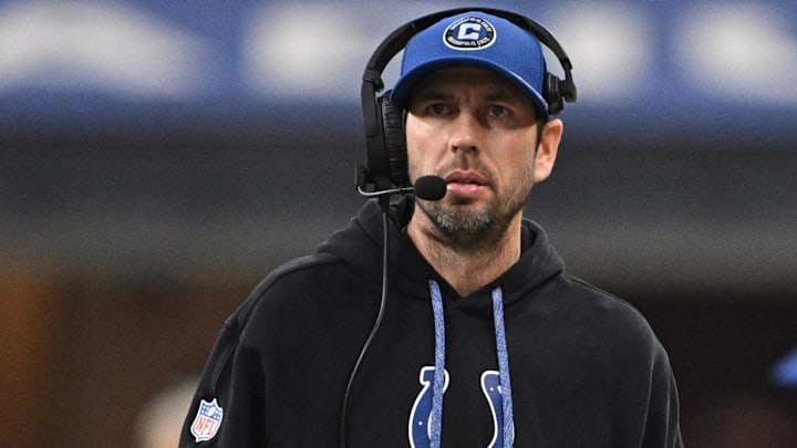 Jan 5, 2025; Indianapolis, Indiana, USA; Indianapolis Colts head coach Shane Steichen walks on the sidelines during the second half against the Jacksonville Jaguars at Lucas Oil Stadium. Mandatory Credit: Marc Lebryk-Imagn Images