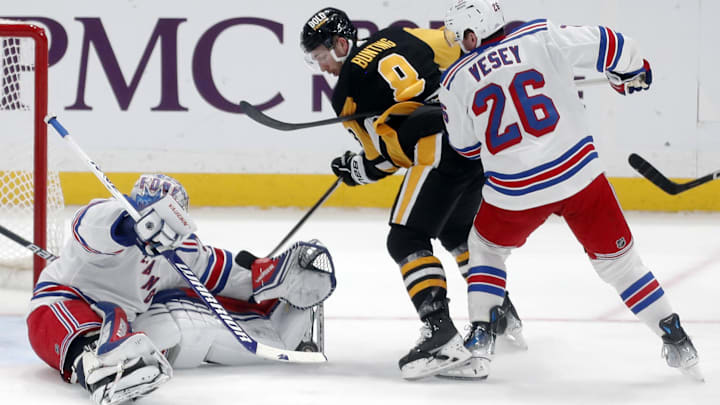 Mar 16, 2024; Pittsburgh, Pennsylvania, USA;  New York Rangers goaltender Jonathan Quick (32) makes