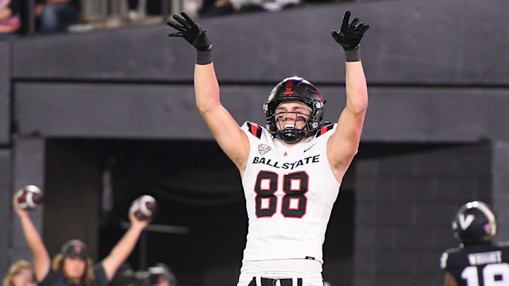 Oct 19, 2024; Nashville, Tennessee, USA;  Ball State Cardinals tight end Tanner Koziol (88) celebrates his touchdown against the Vanderbilt Commodores during the second half at FirstBank Stadium.