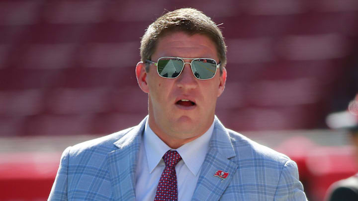 Dec 6, 2015; Tampa, FL, USA; Tampa Bay Buccaneers general manager Jason Licht works out prior to the game at Raymond James Stadium. Mandatory Credit: Kim Klement-Imagn Images