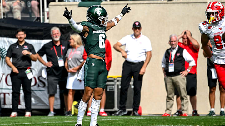 Michigan State's Ade Willie celebrates after breaking up a Youngstown State pass during the first quarter on Saturday, Sept. 13, 2025, at Spartan Stadium in East Lansing.