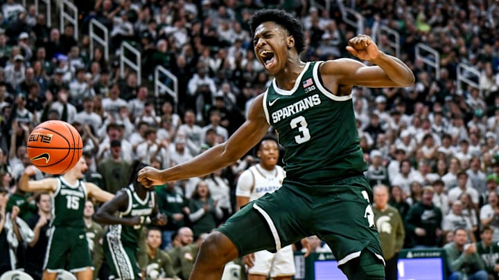 Michigan State's Cam Ward celebrates after his dunk against San Jose State during the second half on Thursday, Nov. 13, 2025, at the Breslin Center in East Lansing. Michigan State's Cam Ward celebrates after his dunk against San Jose State during the second half on Thursday, Nov. 13, 2025, at the Breslin Center in East Lansing.