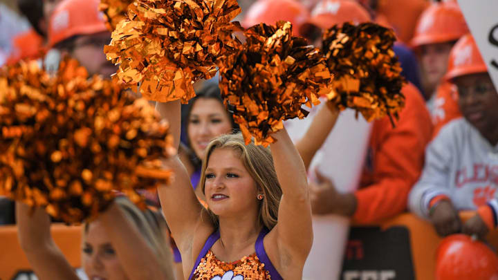 Oct 1, 2022; Clemson, South Carolina, USA; Clemson cheerleaders perform during ESPN College GameDay on Bowman Field at Clemson University before the game against the NC State Wolfpack at Memorial Stadium. Mandatory Credit: Ken Ruinard-Imagn Images