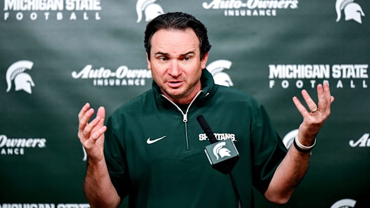 Michigan State coach Jonathan Smith talks the media on the first national signing day for college football recruits Wednesday, Dec. 4, 2024, at Spartan Stadium in East Lansing.