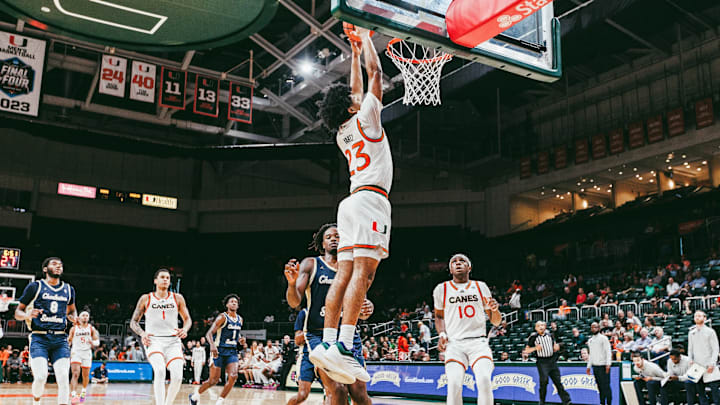 Miami Freshman guard Austin Swartz (23) finishing at the rim against Charleston