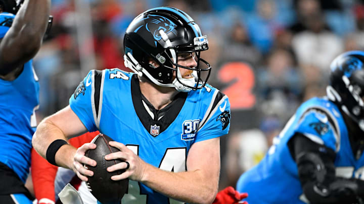 Oct 13, 2024; Charlotte, North Carolina, USA; Carolina Panthers quarterback Andy Dalton (14) looks to pass in the fourth quarter at Bank of America Stadium. 