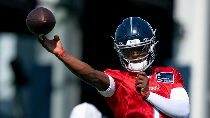 Tennessee Titans quarterback Cam Ward (1) throws during the Tennessee Titans first day of training camp at Ascension Saint Thomas Sports Park in Nashville, Tenn., Wednesday, July 23, 2025. Tennessee Titans quarterback Cam Ward (1) throws during the Tennessee Titans first day of training camp at Ascension Saint Thomas Sports Park in Nashville, Tenn., Wednesday, July 23, 2025.