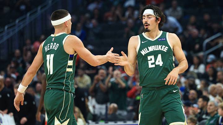Oct 23, 2026; Milwaukee, WI, USA;  Milwaukee Bucks guard Tyler Herro (11) celebrates with Milwaukee Bucks forward Jaime Jaquez Jr. (24) after a made basket against the Chicago Bulls during the first quarter at Fiserv Forum.  Mandatory Credit: Brad Repplinger-Imagn Images