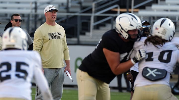 UCF Head Football Coach Scott Frost during UCF Spring football practice at FBC Mortgage Stadium in Orlando, Friday, April 11, 2025.