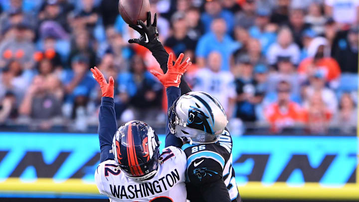 Nov 27, 2022; Charlotte, North Carolina, USA;  Carolina Panthers safety Xavier Woods (25) breaks up