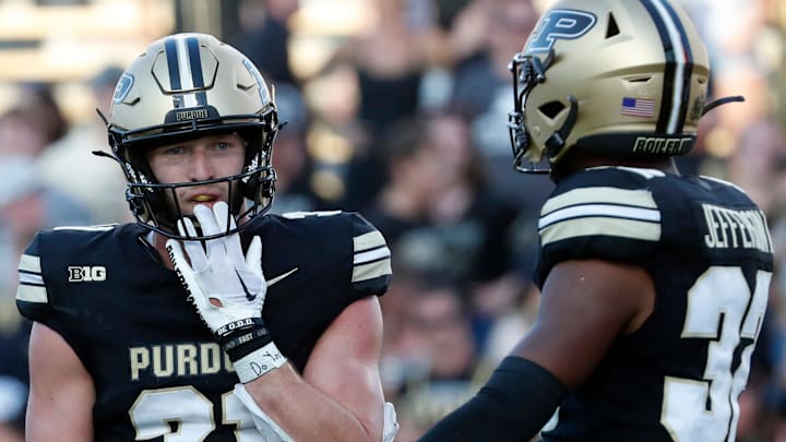 Purdue Boilermakers defensive back Dillon Thieneman (31) talks to Purdue Boilermakers defensive back Joseph Jefferson II (32) after a Notre Dame Fighting Irish passing touchdown Saturday, Sept. 14, 2024, during the NCAA football game at Ross-Ade Stadium in West Lafayette, Ind. Notre Dame Fighting Irish won 66-7.