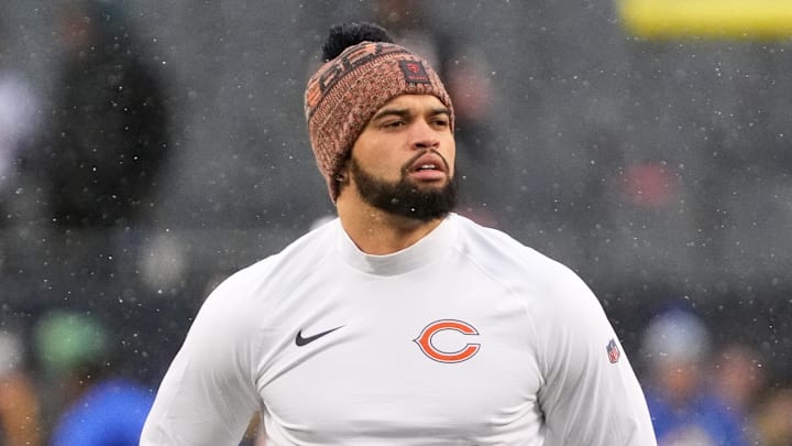 Jan 18, 2026; Chicago, IL, USA; Chicago Bears quarterback Caleb Williams (18) looks on during warmups before an NFC Divisional Round game against the Los Angeles Rams at Soldier Field. Mandatory Credit: David Banks-Imagn Images
