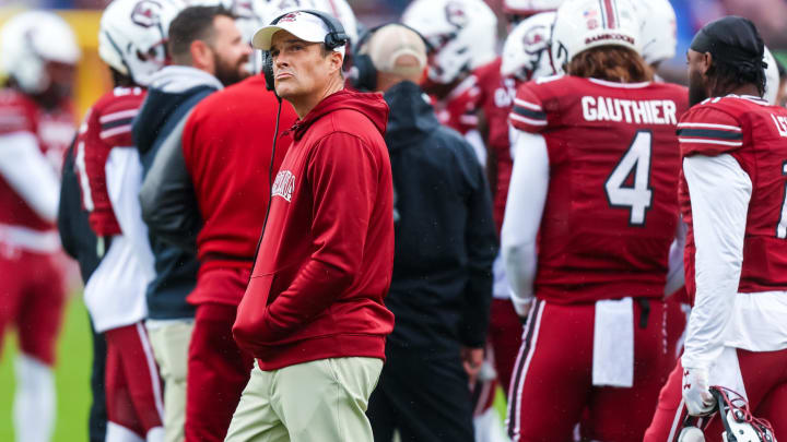 Nov 11, 2023; Columbia, South Carolina, USA; South Carolina Gamecocks head coach Shane Beamer looks up at the scoreboard during his team's game versus Vanderbilt