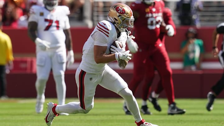 Sep 21, 2025; Santa Clara, California, USA; San Francisco 49ers wide receiver Ricky Pearsall (1) runs after the catch against the Arizona Cardinals during the first half at Levi's Stadium. Mandatory Credit: Cary Edmondson-Imagn Images Sep 21, 2025; Santa Clara, California, USA; San Francisco 49ers wide receiver Ricky Pearsall (1) runs after the catch against the Arizona Cardinals during the first half at Levi's Stadium. Mandatory Credit: Cary Edmondson-Imagn Images