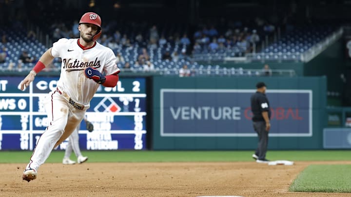 Sep 17, 2025; Washington, District of Columbia, USA; Washington Nationals outfielder Dylan Crews (3) rounds third base en route to scoring a run against the Atlanta Braves during the fifth inning at Nationals Park. Mandatory Credit: Geoff Burke-Imagn Images
