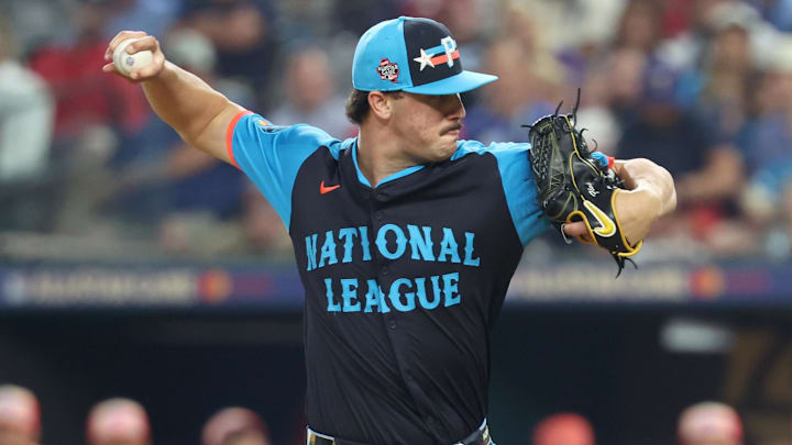National League pitcher Paul Skenes of the Pittsburgh Pirates (30) pitches against the American League in the first inning during the 2024 MLB All-Star game at Globe Life Field. 