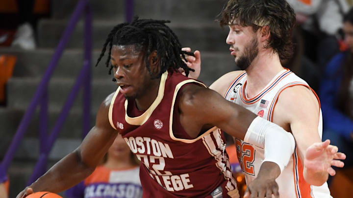 Boston College Eagles forward Jayden Hastings (22) is defended by Clemson Tigers center Carter Welling (22) Tuesday, Jan. 13, 2026, during the NCAA men’s basketball game at Littlejohn Coliseum in Clemson, South Carolina. Boston College Eagles forward Jayden Hastings (22) is defended by Clemson Tigers center Carter Welling (22) Tuesday, Jan. 13, 2026, during the NCAA men’s basketball game at Littlejohn Coliseum in Clemson, South Carolina.