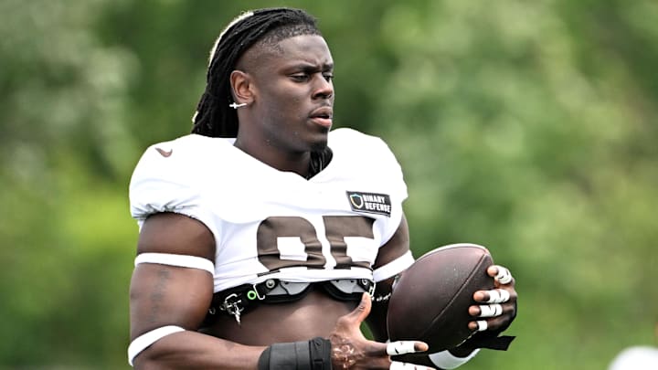 Cleveland Browns tight end David Njoku (85) during practice at the Browns training facility in Berea, Ohio.
