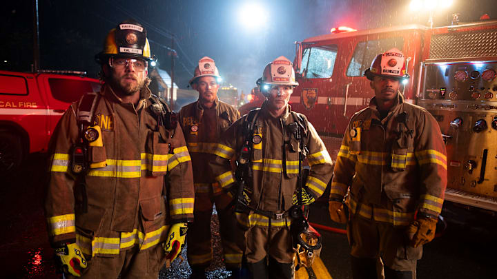 Fire Country on CBS – Pictured (L-R): Max Thieriot as Bode Leone, Kevin Alejandro as Manny Perez, Shawn Hatosy as Chief Brett Richards, and Jordan Calloway as Jake Crawford