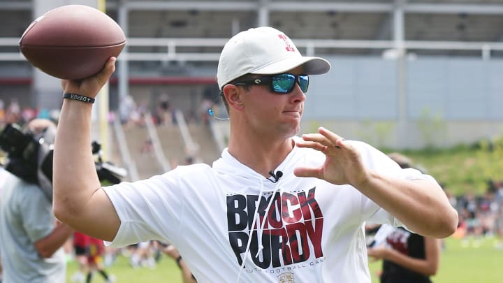 Former Iowa State quarterback and San Francisco 49ers quarterback Brock Purdy warms up at the Brock Purdy Youth Football camp at Jack Trice Stadium football practice field on Saturday, June 22, 2024, in Ames, Iowa Former Iowa State quarterback and San Francisco 49ers quarterback Brock Purdy warms up at the Brock Purdy Youth Football camp at Jack Trice Stadium football practice field on Saturday, June 22, 2024, in Ames, Iowa